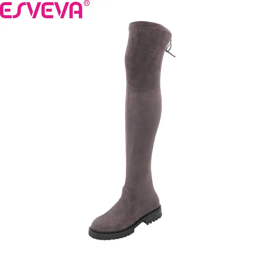 

ESVEVA 2021 Round Toe Stretch Flock Over The Knee Women Boots Autumn Winter Square Low Heel Lace Up Women Shoes Big Size 34-43