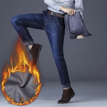 

Winter Men Thick plus Velvet Jeans Loose Straight Business Casual Dad dong ku Middle-aged MEN'S Trousers Warm