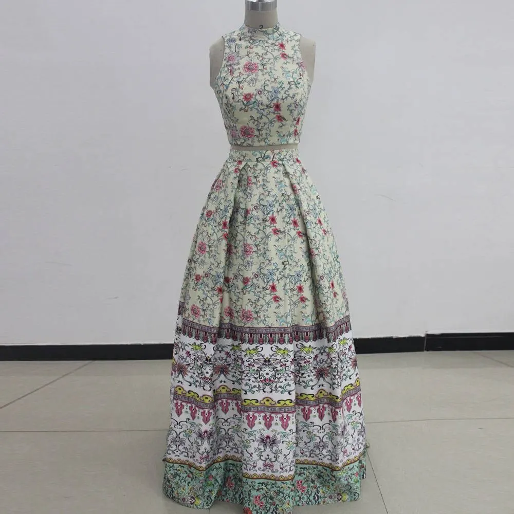 

Vintage Long Satin Printed Prom Dresses with Pockets Floor Length Round neck Zipper Back A-Line Formal Party Dresses for Women