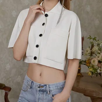 

Women's Pearl Button Short Jacket Turn-down Collar Half Sleeve Single Breasted Pockets Preppy Style Knitwear Cardigan