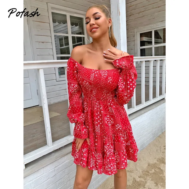 Pofash Red Print Summer Dress For Women Off Shoulder Long Sleeves Ruffle Mini Dresses Female Bohemain Backless Sexy Vestido 2021 5