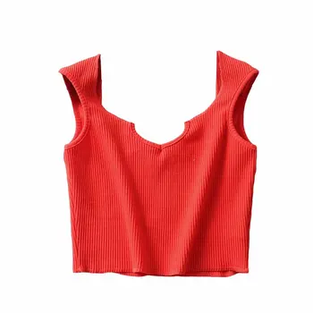 

FY001 Slim fit large V collar wide shoulder strap chicken heart collar threaded pit strip crop top short vest