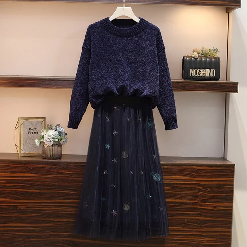 

Plus Size 4XL Knit Long Sleeve Jumper Sweaters Tops+Embroidery Sequined High Waist Mesh Skirts Women Fashion New Autumn Suits