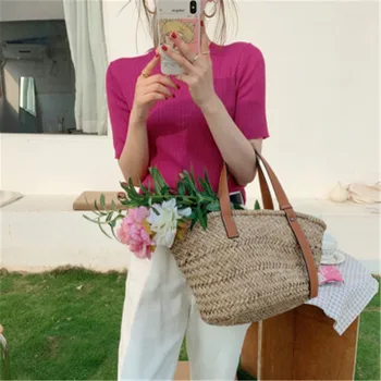 

2020 New Arrivals Camiseta Femme Korean Chic Candy Color O-neck Short Sleeve Basic Tunic Knitted Tops Retro Knitted Verano