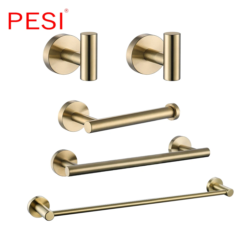 Brushed Gold Bathroom Accessories Sets Towel Rail Rack Holder Toilet Tissue Paper Holder Coat Robe Hook Stainless Steel Bath Set
