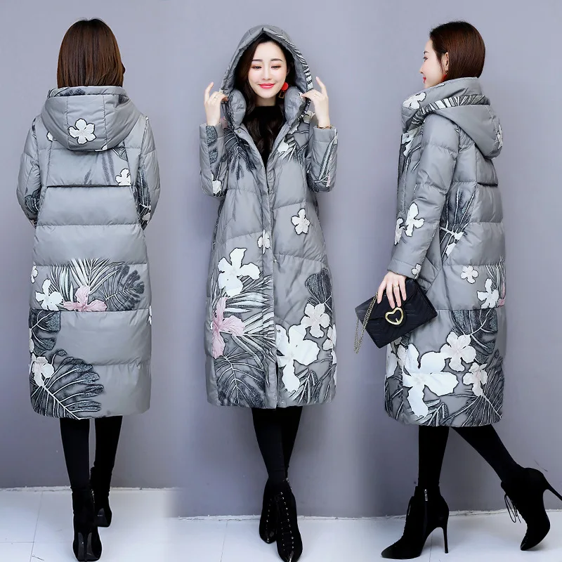 

2019 New Style Cotton-padded Clothes Women's Versatile Korean-style Cotton Coat Mid-length Loose Winter Popular Hooded Printed C