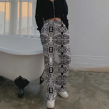 

Lychee Girls African Totem Geometic Printed Women Pants Casual Loose Autumn Lady Trousers Elastic Waist Wide Leg Female Bottoms