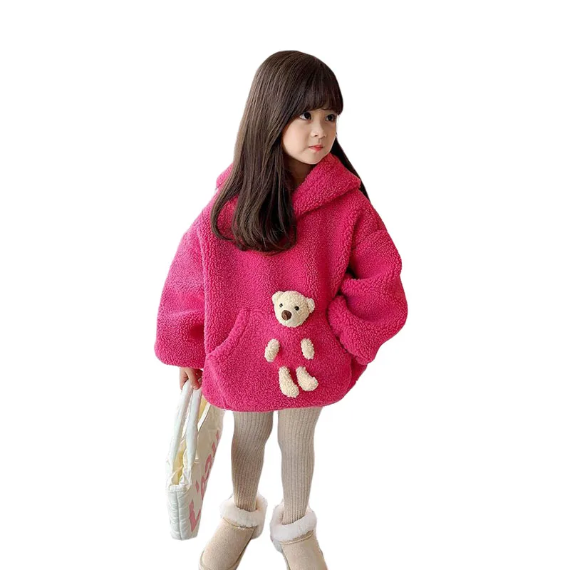 2021 Girl Sweatshirt with Teddy Bear Polar fleece Children's Clothing Baby Kids Tops Warm Winter Thicken for Girls | Детская одежда