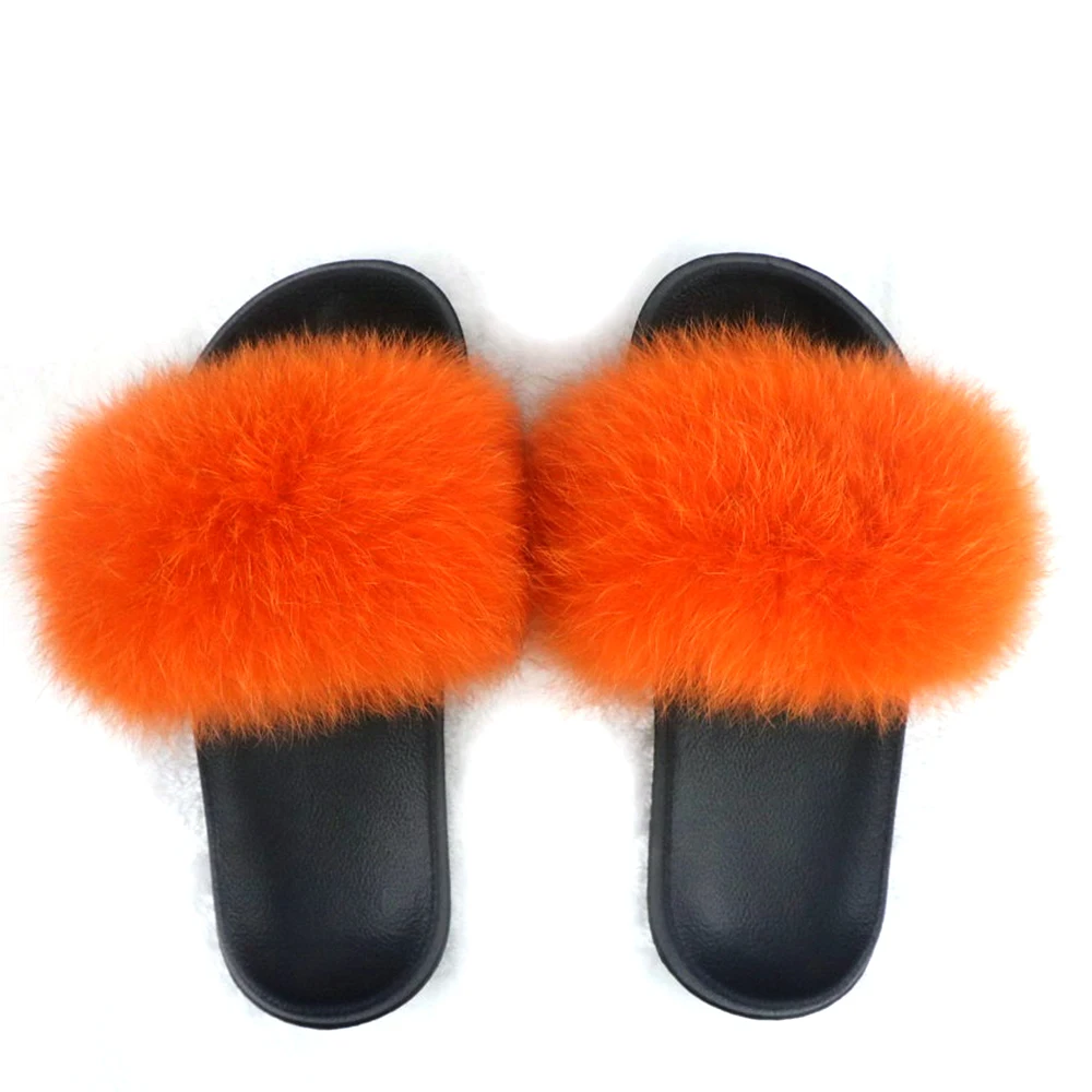 Orange slippers Женские шлепанцы с натуральным лисьим мехом комплект сумочки радужных желейных сумок пушистые сандалии из енота модная женская походная сумка для обуви - Цвет: Orange slippers