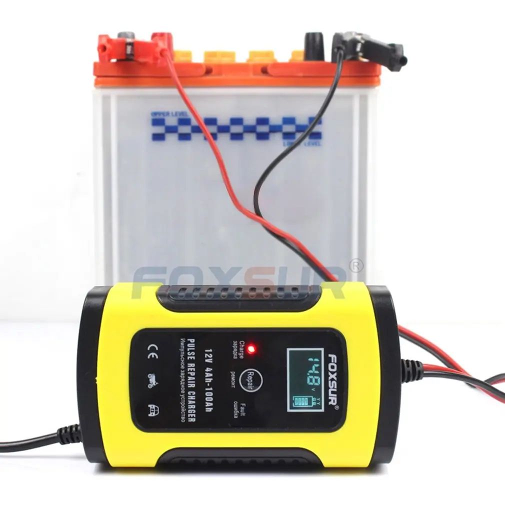 

FOXSUR 12V Full Automatic Car Battery Charger LCD Display Motorcycle Pulse Repair Battery Intelligent Fast Power Charging