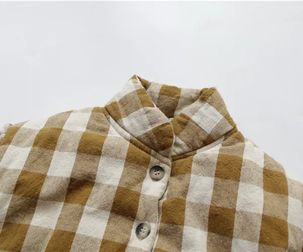 남녀공용 체크 무늬 코트, 두꺼운 따뜻한 어린이 코튼 패딩 겉옷, 한국 스타일, 겨울 신상