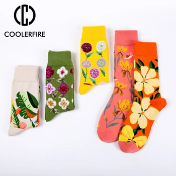 

6 Pairs Autumn And Winter's Glitter Flower Series Creative Pattern Tube Cotton Women's Cool-Socks