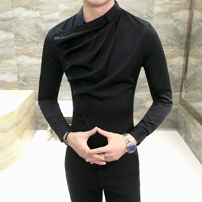 

Men Shirt Fashion Korean Slim Fit Dress Shirts Mens Long Sleeve Front Fold Design Night Club Tuxedo Shirt Men 3XL-M