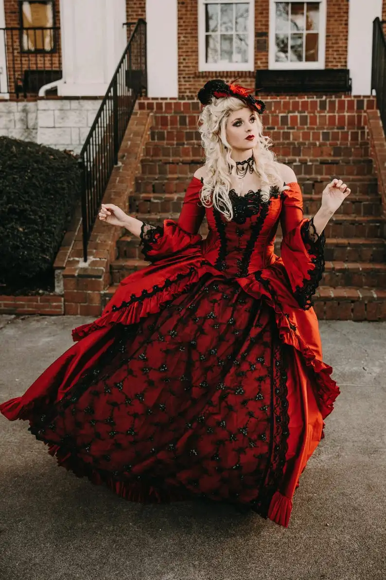 Красный, черный Marie Antoinette высококлассная викторианская готика Свадебный костюм платье ретро винтажный корсет на шнуровке Большие размеры Свадебные платья