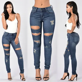 

Popular Women High Waist Denim Pants 2020 Button Pocket Hole Jeans Skinny Slim Casual Pantalones For Female #3