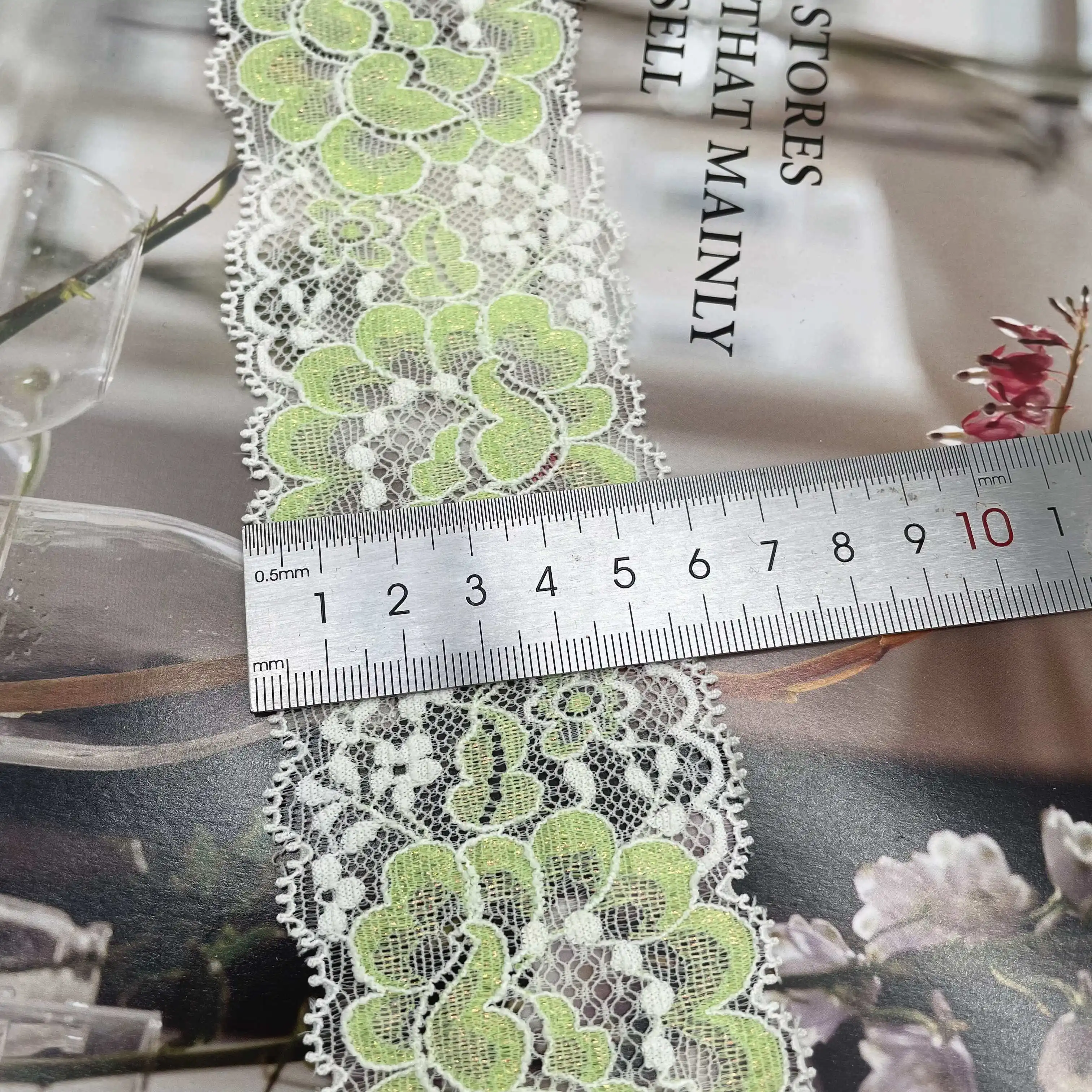 6y/lot Width 2 1/4 inch 6cm Narrow Shimmer Green Stretch Lace Trim 2