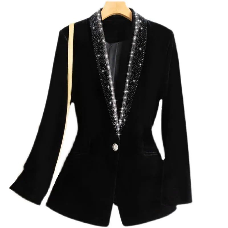 

Spring 2022 Female Blazer Shiny Rhinestones Women Coat Notched Collar Black Velvet Button Loose Fashion Jacket For Ladies N141
