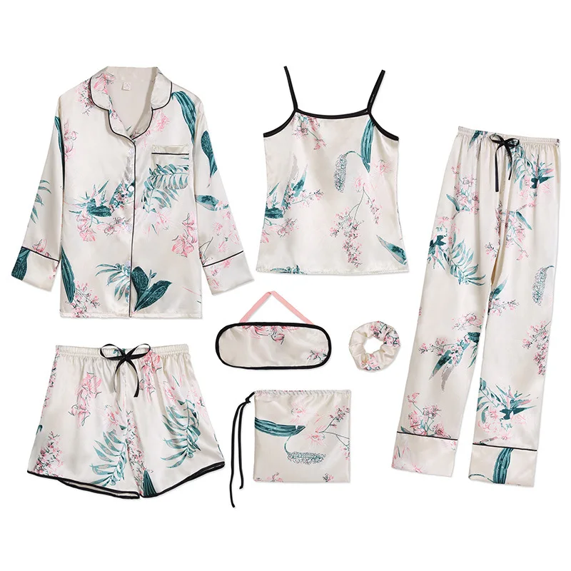 

Photo Shoot Pajamas Women's Spring And Summer Long Sleeve Viscose Seven Sets of Summer Thin Section Shorts Set Model Silk Home W
