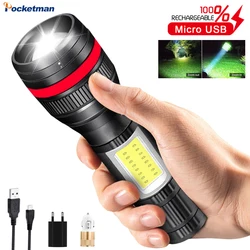 Lampe de poche LED puissante, Portable, Zoom télescopique, 3 modes, torche étanche, batterie intégrée, Rechargeable par USB, lampe de travail 