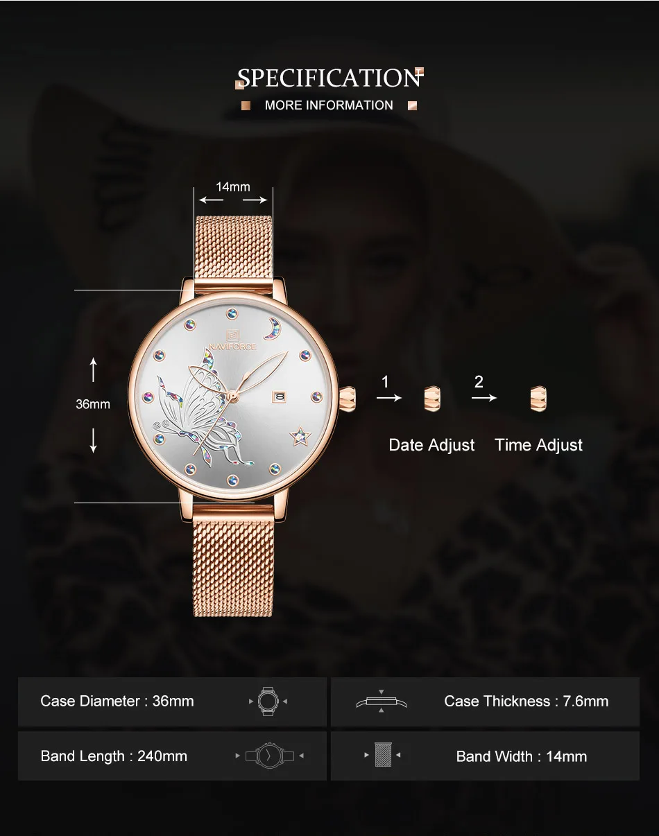 Роскошный бренд NAVIFORCE, женские часы, водонепроницаемые, модные, креативные, Бабочка, дизайн, женский браслет, наручные часы, Relogio Mujer