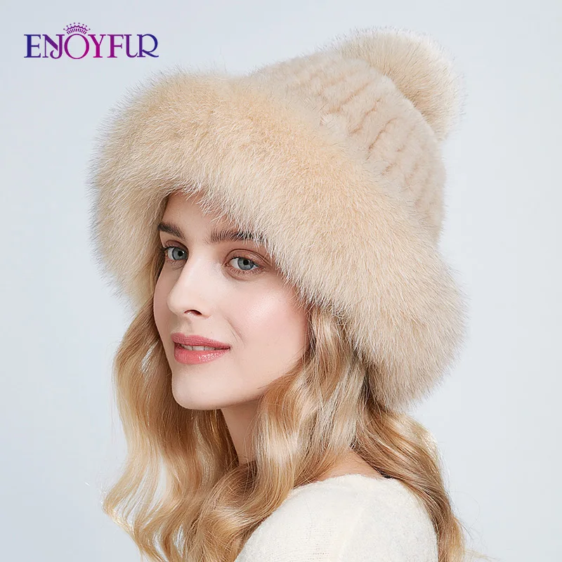 ENJOYFUR натуральный мех норки шапки для женщин зимние толстые теплые лисы меховые шапки с помпоном модные шапки в русском стиле
