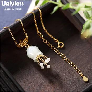 

Uglyless Lily of the valley Exotic Flower Necklaces for Women Natural Pearls Jade Jewelry Sets 925 Silver Floral Pendants P733