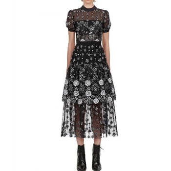 

Mesh Dress High Quality Runway 2019 Fall Ladies Elegant Embroidery Dresses