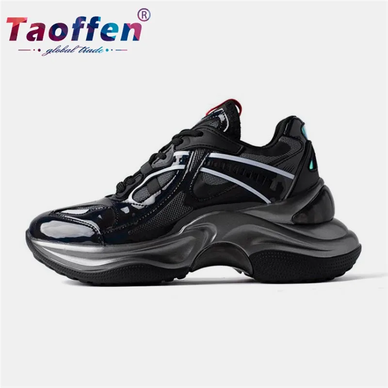 Taoffen/Женская прогулочная обувь из натуральной кожи; повседневные модные ботинки; черные кроссовки; зимняя обувь на платформе; Размеры 35-40