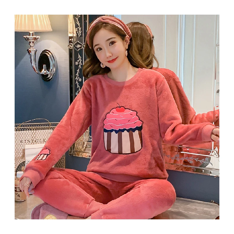 Pajama Set Women Thick Flannel Warm Female Winter Pajama Set Long Sleeve Full Trousers Two Piece Pajamas Animal Cartoon Owl