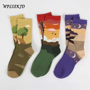 

Autumn Winter Natural Scenery Pattern Creative Personality Couples Socks Japanese Harajuku Cotton Warm Funny Socks Skarpetki