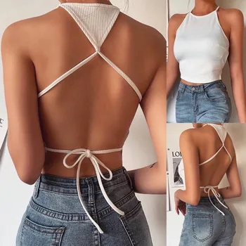 

Women Fashion Sexy Halter Solid Colors Slim Bandage Sleeveless Backless Knitting Tank Tops Summer Party Club Crop Tops Camis#p3