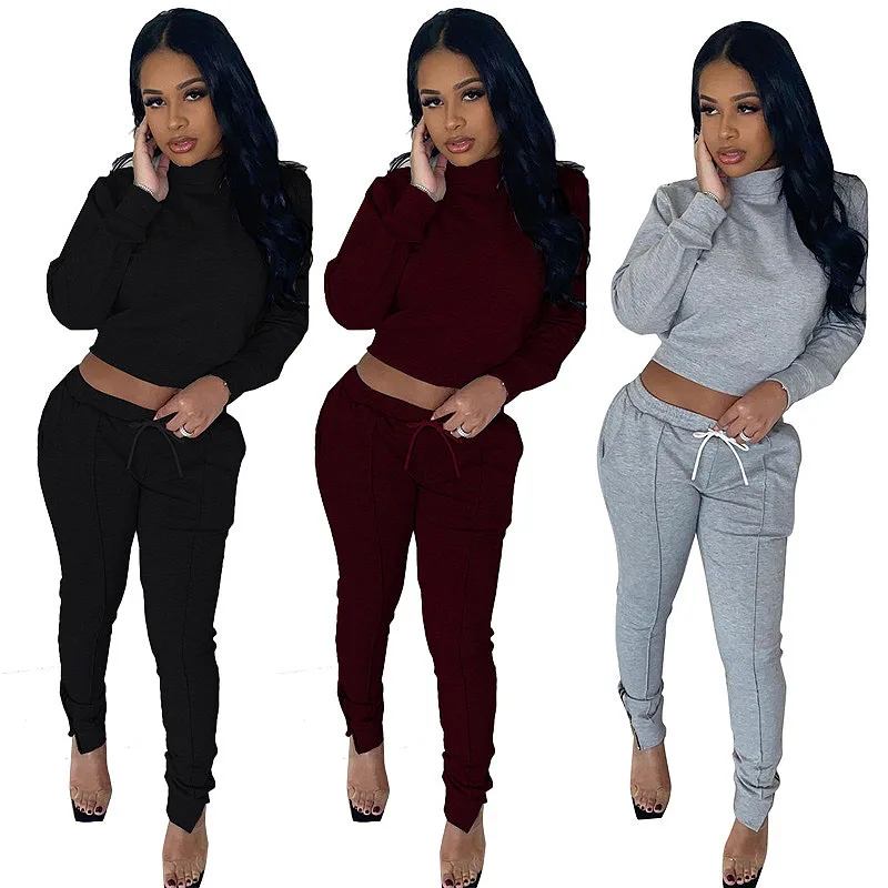 

2020 Autumn New Thermal Suit European and American Women's Casual Solid Color Shirt Trousers Two-Piece Set