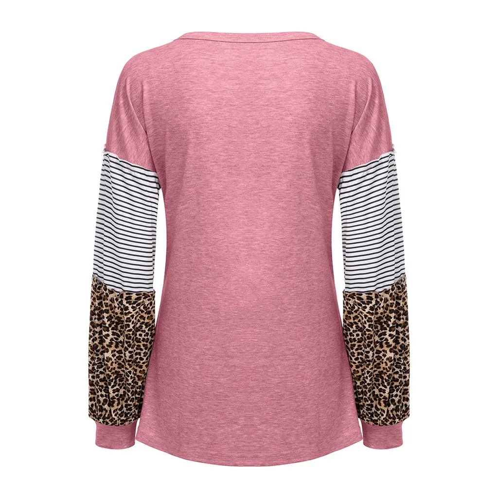 Женская модная футболка с леопардовым принтом, с длинным рукавом, в полоску, повседневные Осенние Топы, лоскутные пуловеры, одежда для женщин