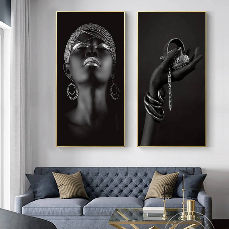 African Woman Posters and Prints Wall Art Black Hands Holding Silver Jewelry Canvas Painting Wall Pictures For Living Room Decor
