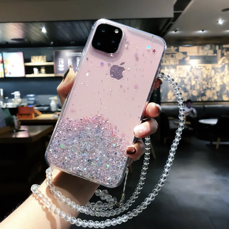 XingKong-Pink Мягкий чехол из ТПУ с блестящими звездами и блестками для iPhone 11 Por X Xr Xs Max 6 6s 7 8 Plus, чехол с ремешком на шею и цепочкой для переноски - Цвет: XingKong-Pink