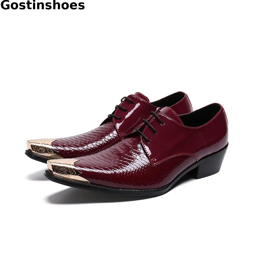 

Men Casual Shoes Snakeskin Printed Genuine Leather Men Shoes Pointed Metal Cap Toe Slip On Men Leisures Derby Shoes