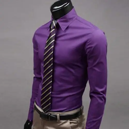 Модная мужская хлопковая Однотонная рубашка с длинным рукавом и пуговицами, официальная деловая рубашка - Цвет: Dark Purple