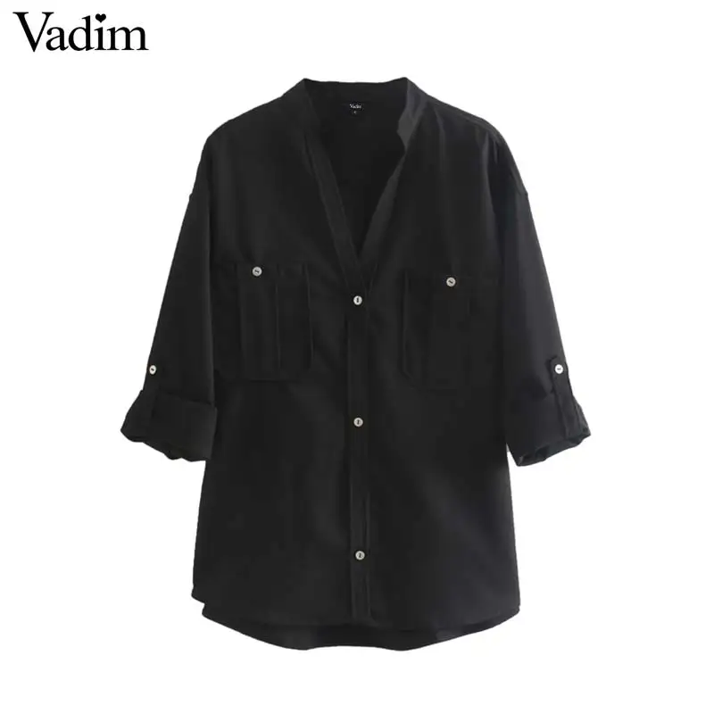 

Vadim women V neck black blouse pockets design long sleeve female casual shirt solid stylish chic tops blusas LB377