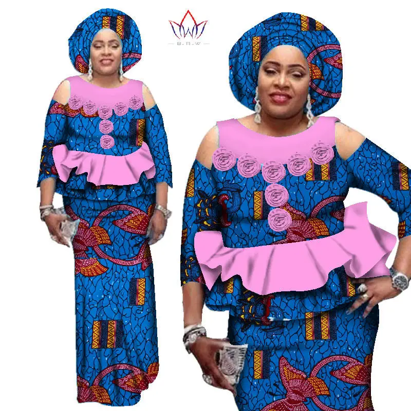Африканский dashiki Двойка комплект Для Женщин Половина рукава Crop Топы корректирующие и длинная юбка Наборы для ухода за кожей в африканском стиле Русалка Макси Костюмы 6XL brw WY2544 - Цвет: 6