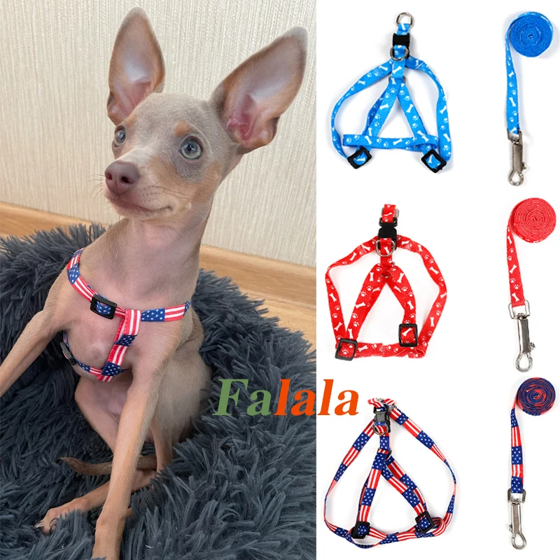 Pet Dog Bone Printing Harness and Leash Set Summer Chihuahua Fashion for Small Adjustable Walking Puppy Accessories | Дом и сад