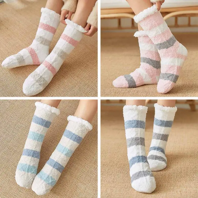 Зимние женские теплые полосатые носки коралловые бархатные носки для девочек повседневные пушистые домашние носки-Тапочки