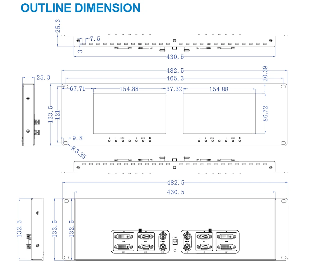 Neway RM71D 3U Rackmount 7 дюймов двойные мониторы DVI VGA видео вход и выход