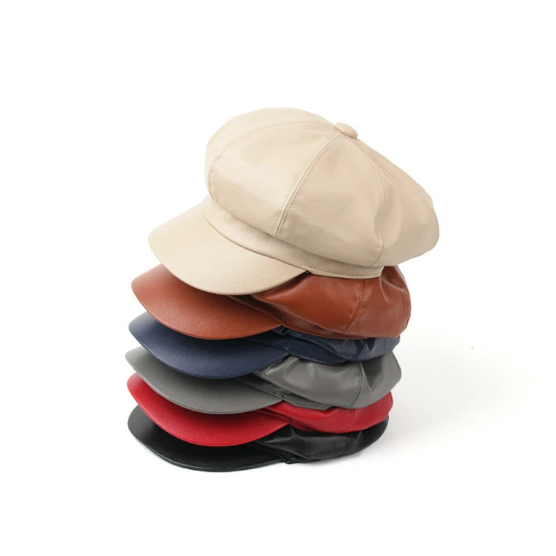 Beret Autumn and Winter Women Pu Leather British Fashion Beret Women's Shade Solid Color Casual Military Hats
