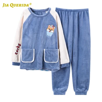 

Warm Winter Soft Long Sleeve Long Pants Sleepwear Fashion Style Casual Style Front Pocket Cartoon Printing Blue Top Coral Fleece