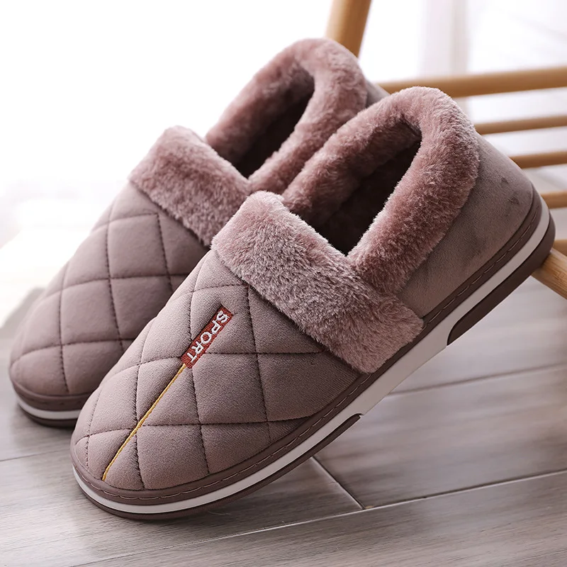 

Winter Slippers Men Plus Size 45-50 Fashion Shallow Gingham Warm Home Slippers Man Solid PVC Plush House Shoes