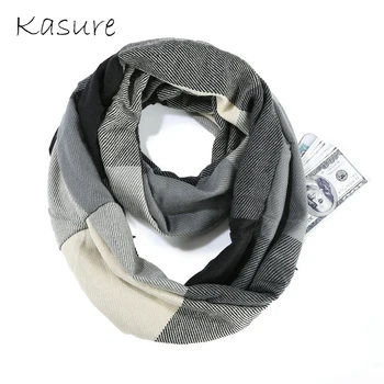 

KASURE Women Fashion Cashmere Infinity Loop Scarf With Hidden Zipper Pocket Plaid Pattern Print Lightweight Wrap For Men Lady