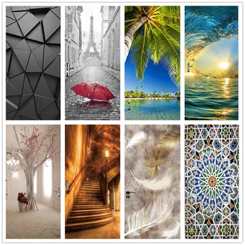 

European Door Stickers PVC Landscape Flower Simple Tower Wooden Poster Waterproof Print Picture Bedroom Renew Home Decor Decal