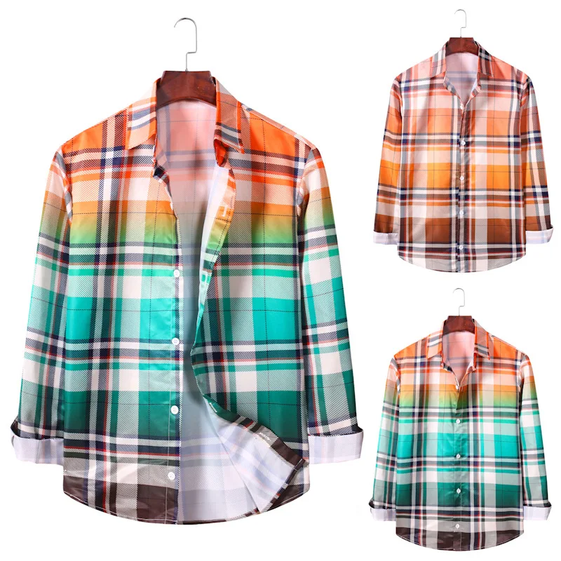 

New Men's Casual Shirts, Cotton Shirts, Slim Gradient Plaid Long-sleeved Shirts, Spring and Autumn Casual Business Men's Shirts