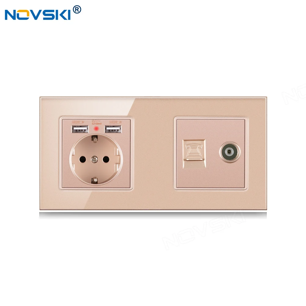 

172*86mm DIY Socket Double Frame, Golden Schuko Outlet 2.1A Dual USB Charging Port, Data Socket German Bayer Base, DIY Assemble