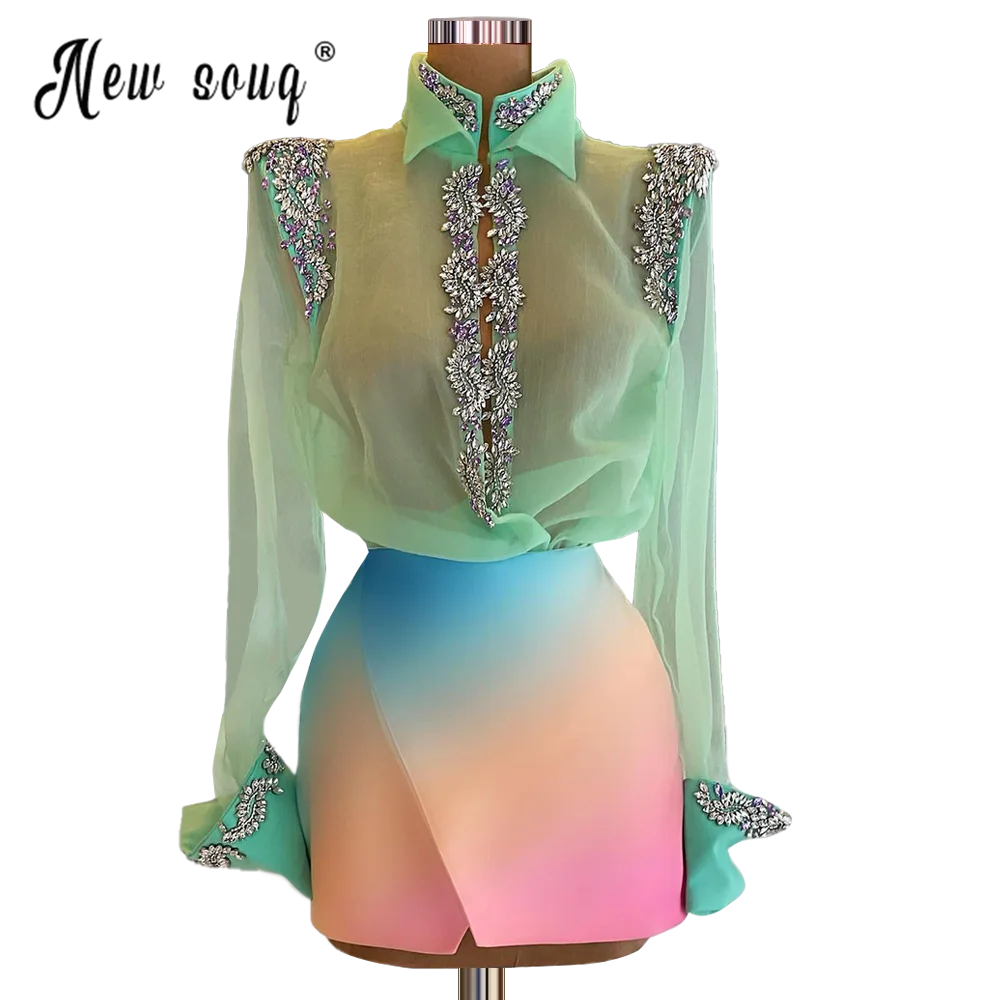 Beading Long Sleeve Tie dye Prom Dress Haute Couture Cocktail Dressws 2 Pieces Celebrity Dresses Formal Prom Gown Real Photos
